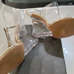 Azalea Wang clear wedge heel with gold strap